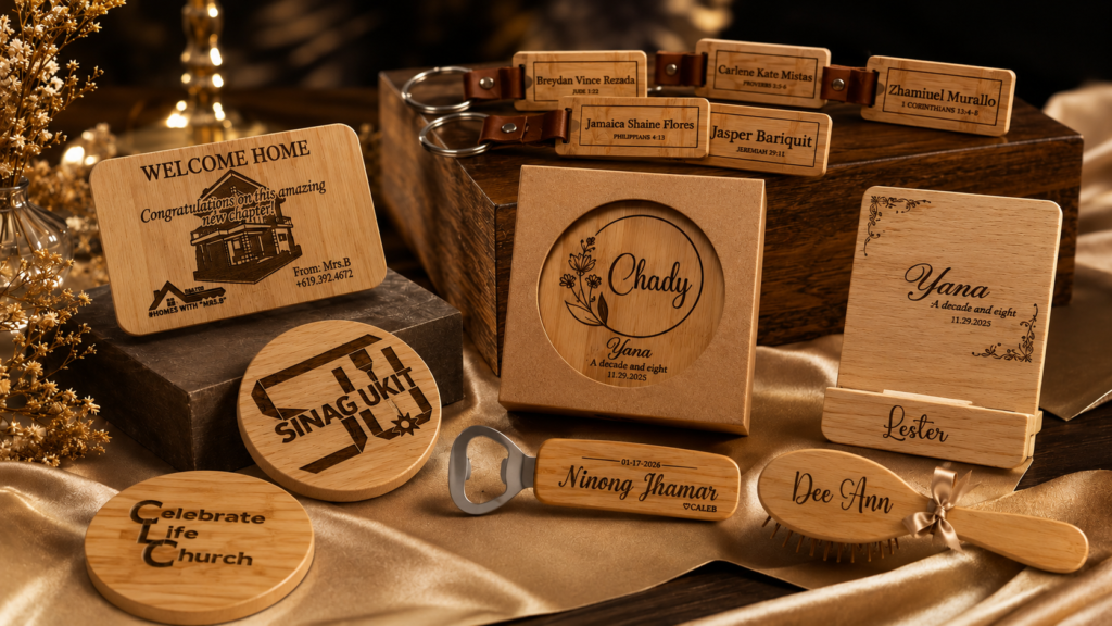 Sinag Ukit personalized wooden keepsakes — engraved coasters, keychains, phone stand, hairbrush, bottle opener, and hand mirror