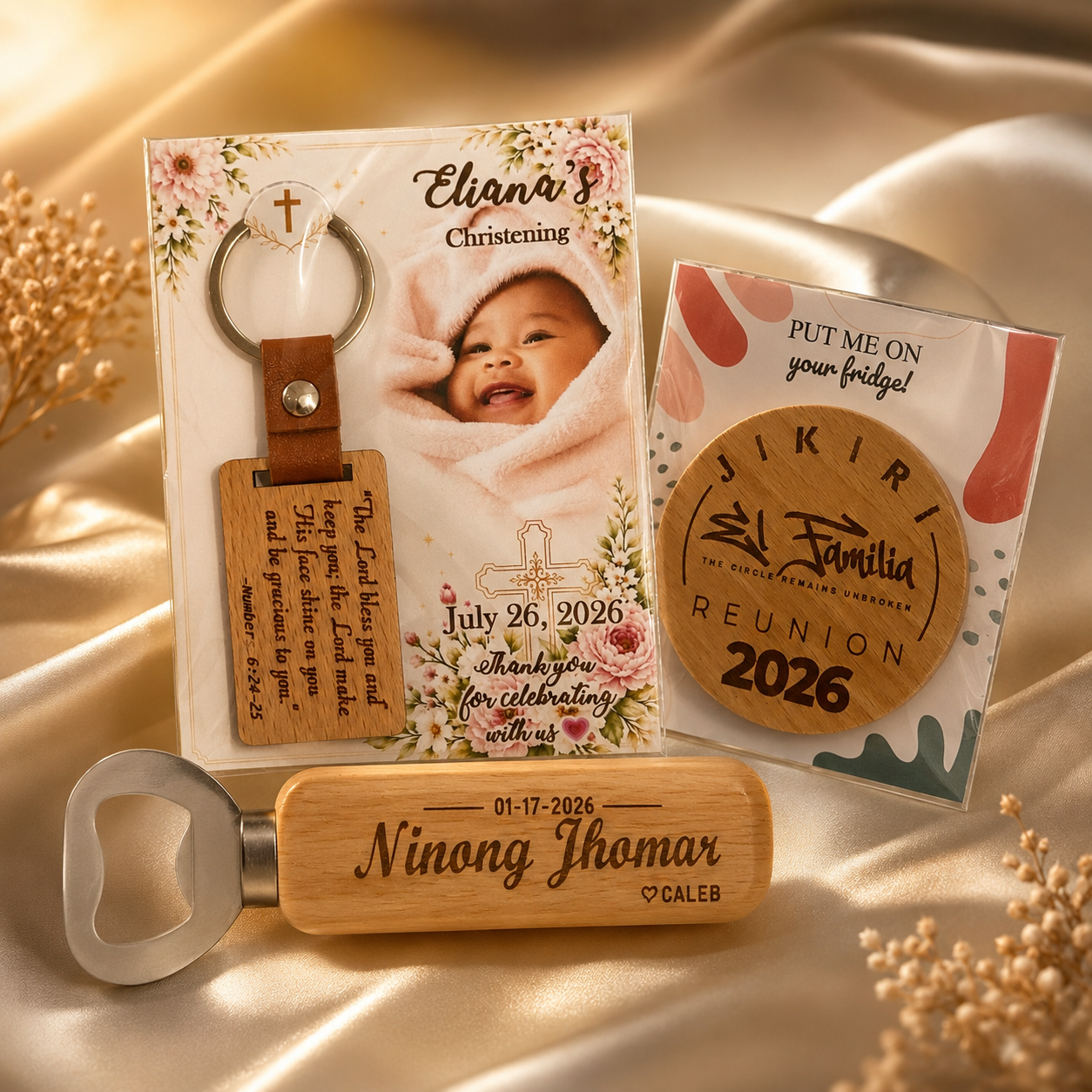A christening keepsake keychain, a family reunion fridge magnet, and a personalized wooden bottle opener displayed together