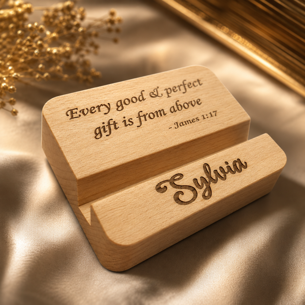 Engraved wooden phone stand personalized with a name and a scripture verse