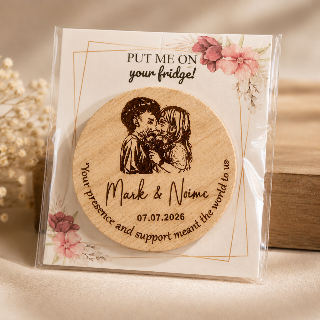 Engraved wooden fridge magnet personalized with a portrait, names, and a date, packaged as a wedding favor